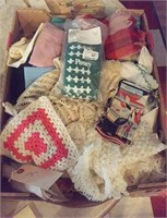 large box lot crochet, linens, etc