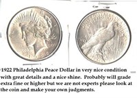 1922 US Peace silver dollar  Philadelphia NICE