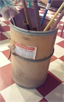 old Monsanto barrel w brooms, dusters, vtg shovel