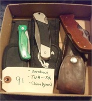 3 pocket knives KERSHAW, JNH USA, CHINA w scabbard