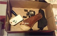 Tooled leather holster, Ryobi reel, scope, more