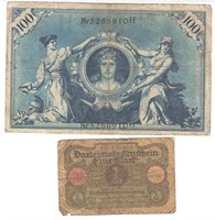 Old German currency 100 marks 1908 1 mark 1920