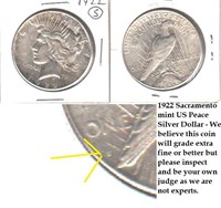 1922-s US Peace silver dollar Sacramento CA nice