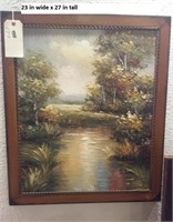 Oil on canvas serene scene on a creek 23x27