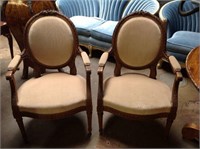 ANTIQUE CARVED WOOD BEIGE UPHOLSTERED ARM CHAIRS