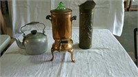 Pitcher, tea kettle, and copper coffee pot