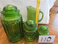 Green Glass Canister Set  & Green Glass Pitcher