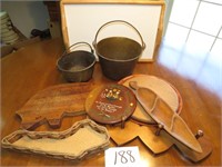 (2) Copper Pots, Misc. Cutting Boards, Wooden Racs