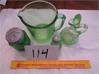 Misc. Green Glassware, Measuring cup, Vinegar crur