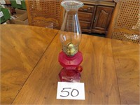 Antique Red Glass Kerosene Lamp w/Glass Globe