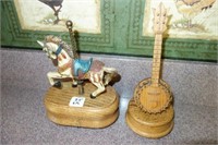 2 PC. MUSIC BOXES: OAK BANJO AND CAROUSEL HORSE