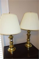 PAIR BRASS TABLE LAMPS W/SHADES - 28" HIGH