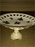 Lefton China  Green Holly & Berry Dish on Stand