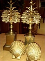Decorative Brass Pinecone and Seashell Bookends
