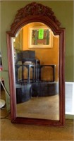 LARGE BEVELED MIRROR WITH CARVED WOOD FRAME