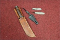 KABAR USMC FIXED BLADE KNIFE, (2) CAMILLUS USMC