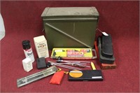 AMMO BOX 8"x18"x14" AND ASSORTED GUN CLEANING