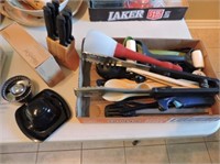 Selection of kitchen utensils, steak knives etc