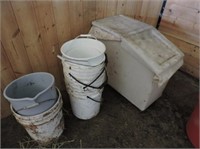 Feed bin & plastic water pails