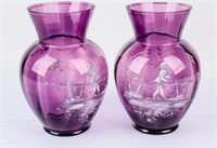 Lot of 2 Mary Gregory Amethyst Glass Vases
