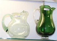 PR ART GLASS PITCHERS 1 GREEN W/ CLEAR HANDLE &