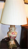 OLD POTTERY & BRASS BASE LAMP W/ FLORAL MOTIF