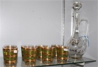 8 GREEN & GOLD WHISKEY GLASSES W/ ETCHED GLASS