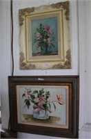 2 FRAMED FLORAL PAINTINGS, 1 ON BOARD, OTHER ON