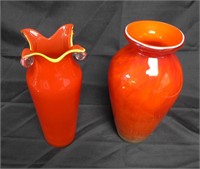 Set of 2 Red Art Glass Vases