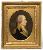 Important William J. Weaver (British/American, c.1759-1817) oil on poplar panel (9 1/4" x 7 3/8") portrait (c.1794-1806) of Alexander Hamilton, fresh from a Frederick, MD estate, 12" x 10 1/4" overall.