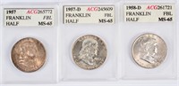 Coin (3) Slabbed MS65 Franklin Silver Half Dollars