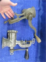 2 antique meat grinders - wood handles