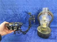 antique tin oil lamp & iron lamp bracket piece
