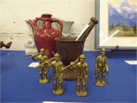 SOLID BRASS MINER FIGURINES AND VINTAGE CAST IRON