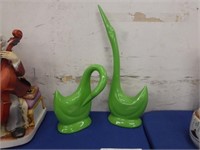 UNSIGNED ART POTTERY SWAN FIGURES 8" AND 14".