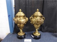 PAIR OF COVERED VICTORIAN GILT URNS 18" TALL.