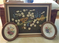 Needle work floral picture & 2 oval flower prints