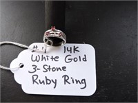 14K White Gold 3-Stone Ruby Ring
