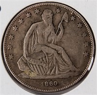 Coin 1860-O No Motto Liberty Seated ½ Dollar VF