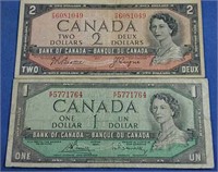 1954 Bank of Canada 1 & 2 Dollar Bills