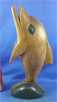 Hand Carved Signed 15"  Wood Dolphin