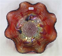 Stag & Holly spt ftd ruffled bowl - red