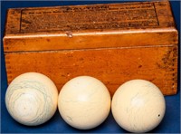3 Antique Ivory Brunswick Billiard Balls & Box