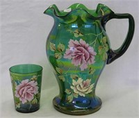 Enameled Rose of Paradise water pitcher & one