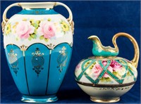 2 Antique Nippon Moriage Porcelain Vases