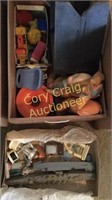 ASSORTED OLD TOYS, WOOD STOOL