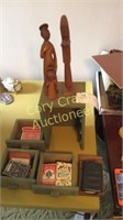 MISC PLAYING CARDS, NOTE BOX, WOOD CARVINGS, W
