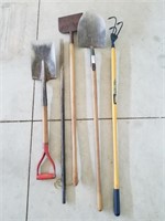 Garden Tool Lot. Two Shovels, Pry Bar, Hand