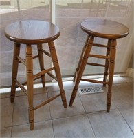 Two Matching Solid Oak Swivel Bar Stools 30"