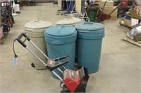 (4) TRASH CANS WITH LIDS, AND TORO POWER SHOVEL